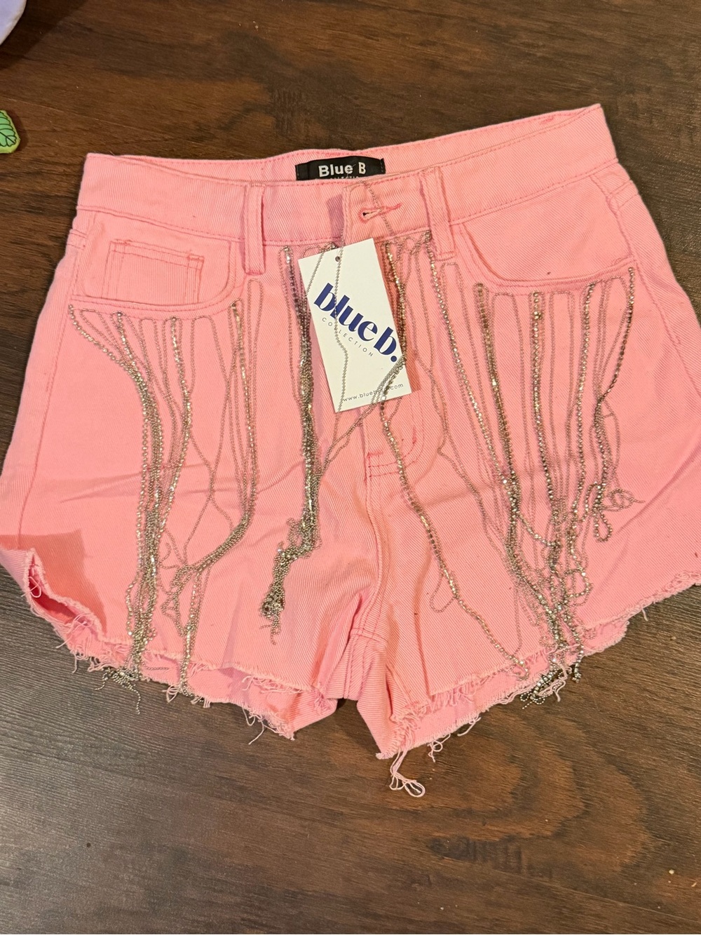 Pink Fringe Embellished Denim Shorts
